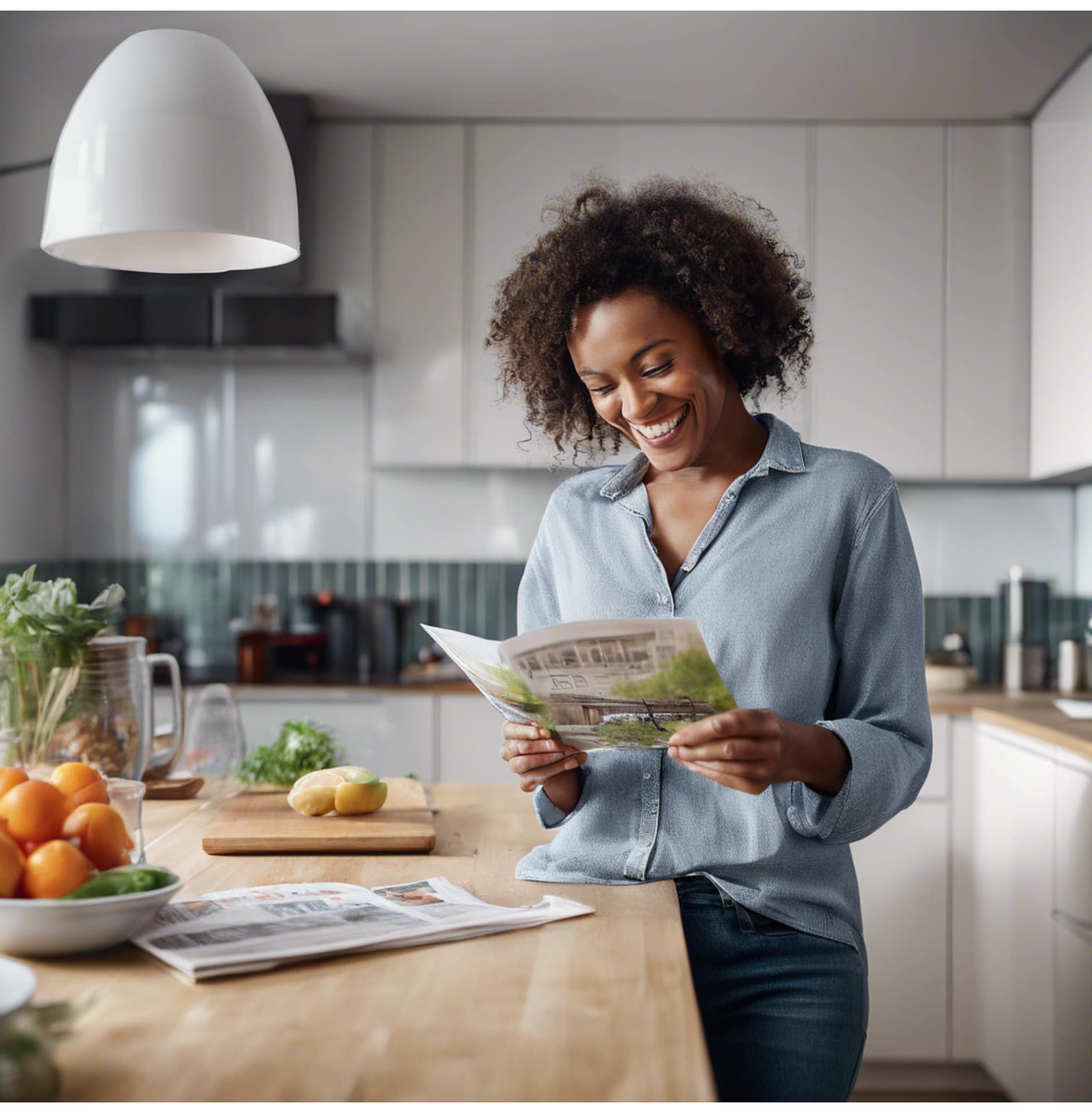 Woman reading a door drop leaflet at home